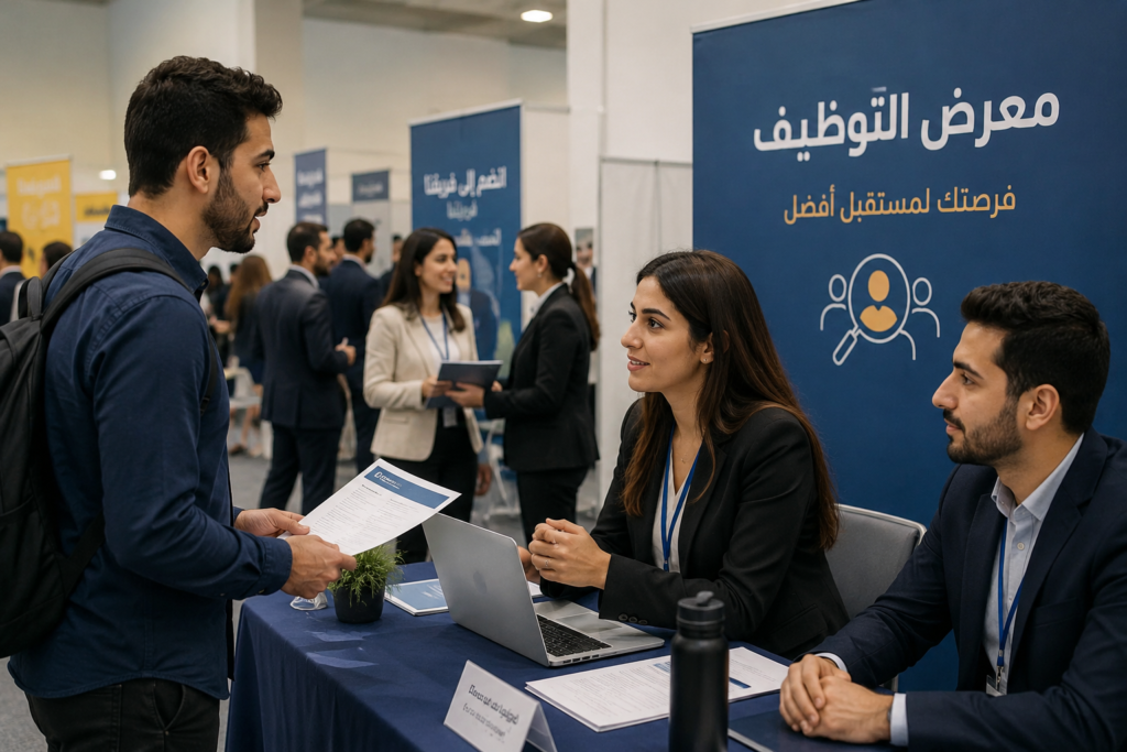 باحثون عن عمل يتحدثون مع مسؤولي التوظيف خلال معرض توظيف لبحث الفرص المهنية المتاحة.